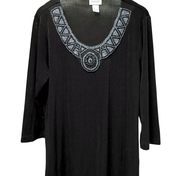 Chicos Travelers Black Beaded Slinky Tunic Large (Chicos 2) Stretch Womens Top - Picture 1 of 10